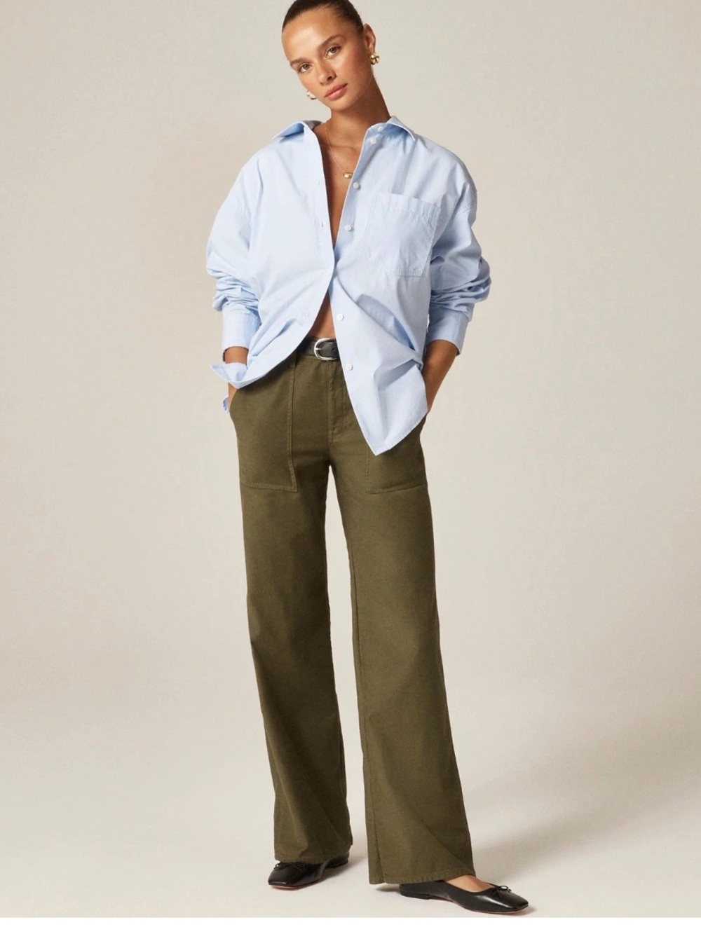 J Crew Camp Pocket Wide Leg Pant Olive Green Full Length Womens 26 Coastal
